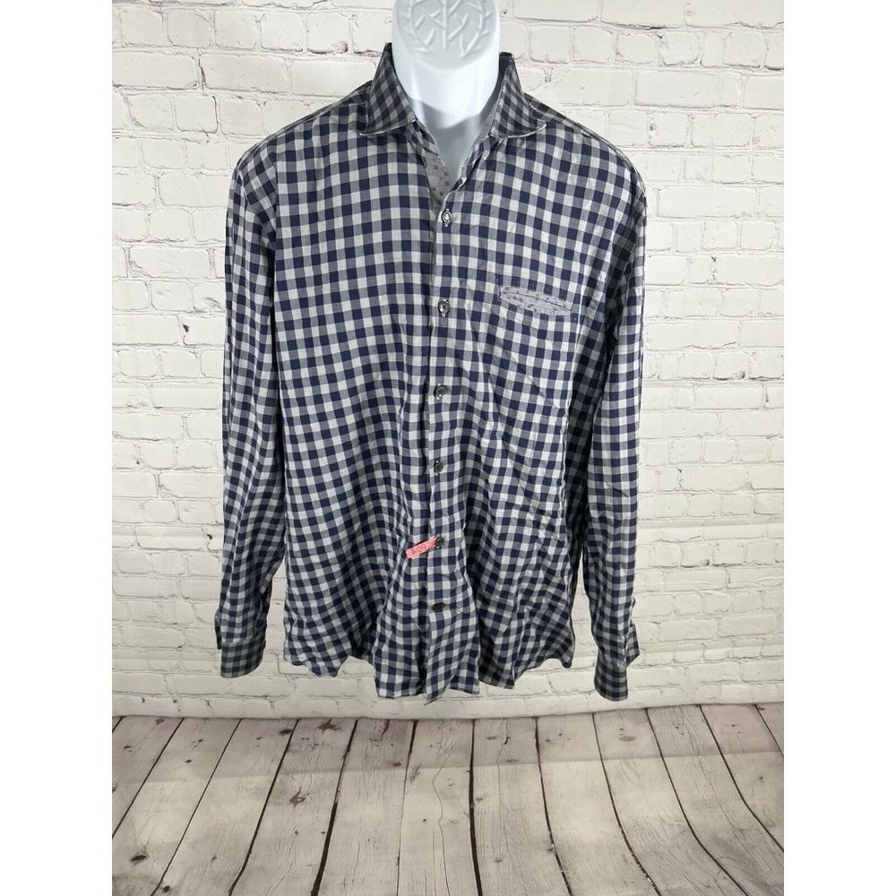 Stone Rose Men's Blue/Gray Long Sleeve Checkered Button Down Collared Shirt S